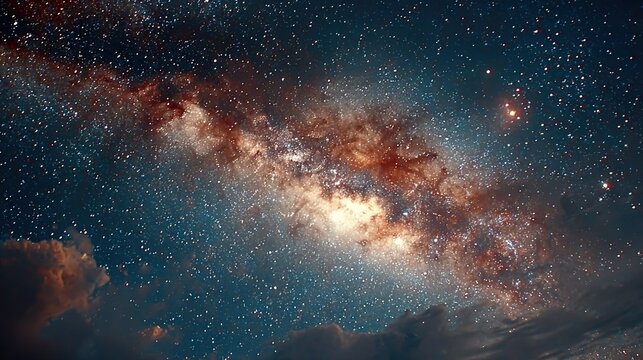 Starry Night Sky with Glowing Milky Way Galaxy, Cosmic Nebula and Dark Clouds, Deep Space Celestial Landscape, Ideal for Wallpaper, Digital Background and Astronomy-themed Designs