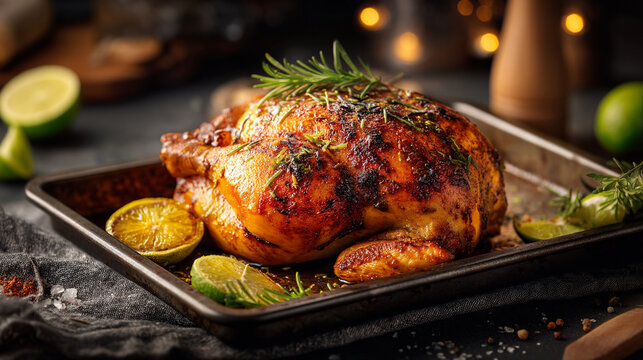 A roasted chicken with herbs and lime on a baking sheet