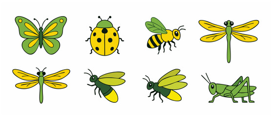 Obraz premium Cartoon Insect Bugs Collection Set with Butterfly Ladybug Bee Dragonfly Firefly Grasshopper, Cute Nature Critters for Kids Educational Design and Summer Themes Isolated on White.