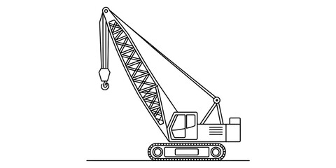 A black and white line drawing of a crawler crane used for heavy construction and lifting work Vector, illustration © Kanu Art_Gallery
