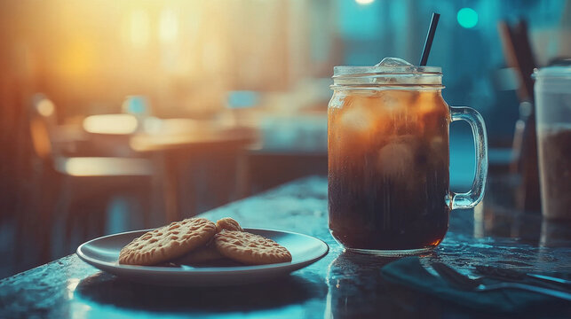 Iced coffee in a glass mug and cookies on a plate, on a reflective table with a blurred cafe background