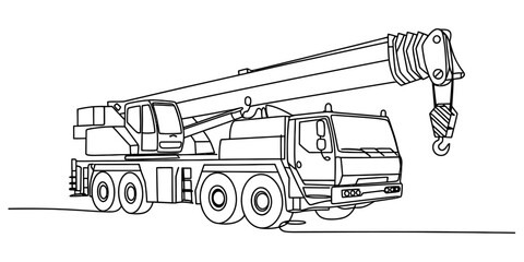 A detailed black and white line drawing of a powerful industrial mobile construction crane vehicle Vector, illustration © Kanu Art_Gallery