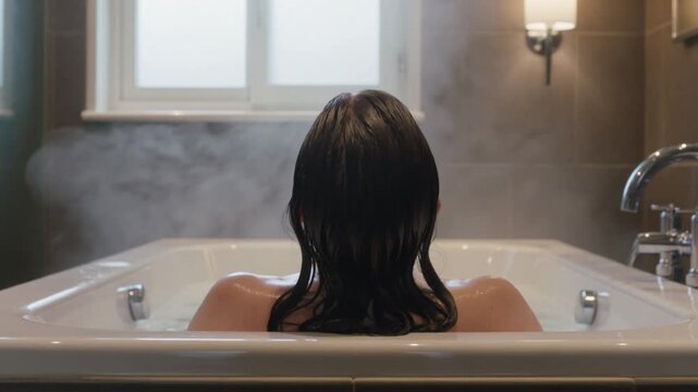 Relaxing woman with wet hair in steamy bathtub, enjoying a warm bath at home