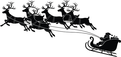 Black silhouette of Santa Claus in sleigh pulled by reindeer team, Christmas eve flight vector illustration isolated on white background. © jesmin