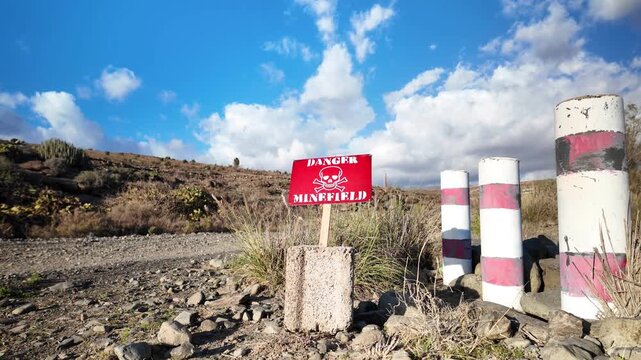 Danger minefield warning sign with a skull and crossbones symbol standing next to striped poles along a dirt road, marking a hazardous area in a desolate, arid landscape under a blue sky