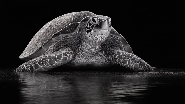 A grayscale image of a sea turtle emerging from water with a black backdrop