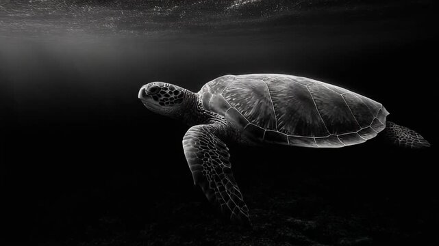 A grayscale image showcases a sea turtle gliding underwater, evoking a sense of serenity