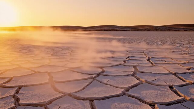 A serene landscape of a dry lake bed with cracked earth and fog at sunrise or sunset, evoking a sense of calmness and desolation.