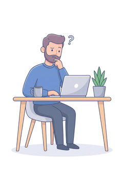 Confused man working on laptop, problem solving and decision making concept, business and technology illustration