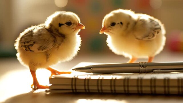 Two chicks on a notebook looking.