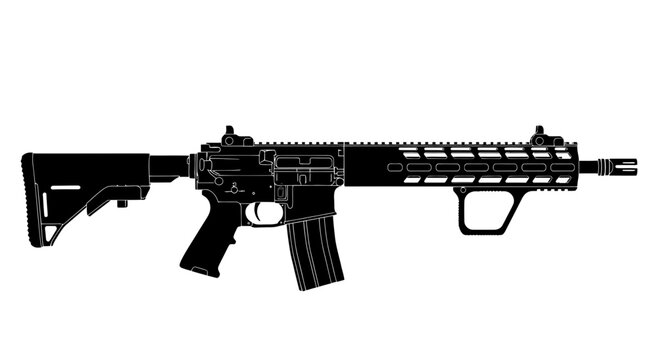 Detailed illustration of a modern assault rifle in black and white.