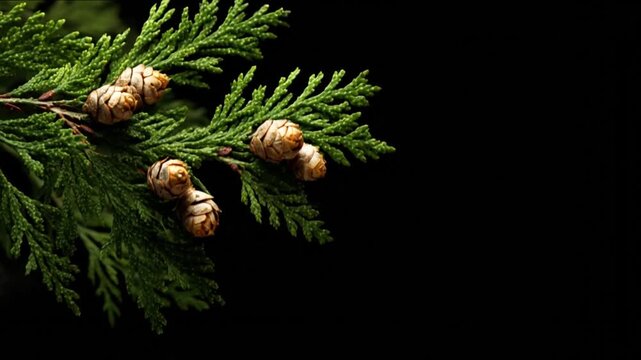 Close-up of lush green branches with small, brown cones against a stark, black background