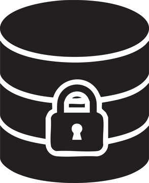 Secure database icon, locked server symbol, black and white data protection, cybersecurity vector