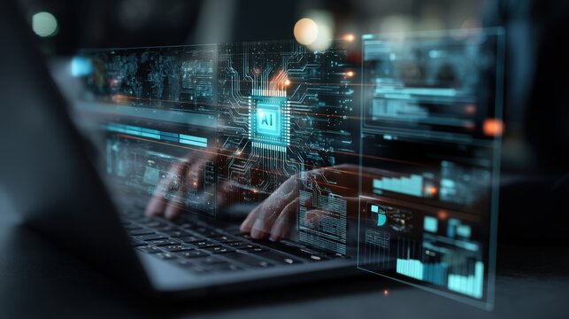 A person interacts with a laptop displaying futuristic AI circuits and data analytics on transparent digital screens, laptop with daily AI visualization overlay