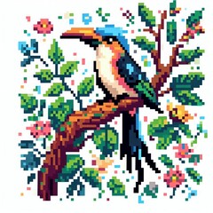 Fototapeta premium Cute Pixel Art Bird on Branch with Flowers and Leaves