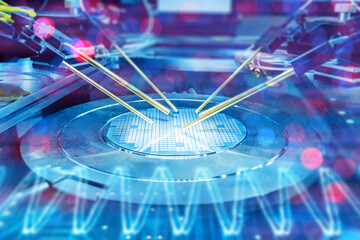 Semiconductor manufacturing, microelectronics. Robotic probes test silicon wafer on production line, ensuring chip quality and precision in high tech fabrication. © Grispb