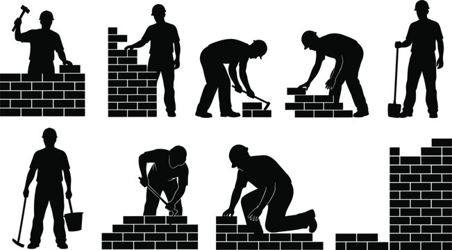 Black silhouette of bricklayers and construction workers building brick walls with tools isolated on white background for industrial masonry design