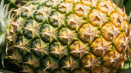 Fototapeta premium Close-up view of a ripening pineapple, showcasing its textured skin and vibrant green and yellow colors under natural light.