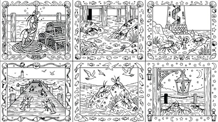 Fototapeta premium Colorbook style detailed black and white vector art of lobster traps sea creatures and coastal scenery with lighthouse dock and nighttime lantern vibrant ocean life underwater scenes