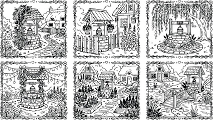 Obraz premium Colorbook style detailed line art garden wells with flowers houses bridges and trees scenic close up decorative floral frames vector design set