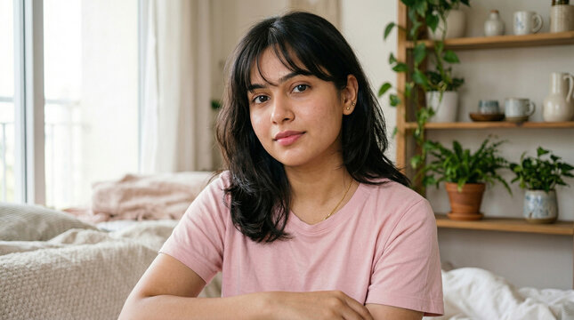 Young Indian woman sitting at home with natural light, calm expression lifestyle portrait