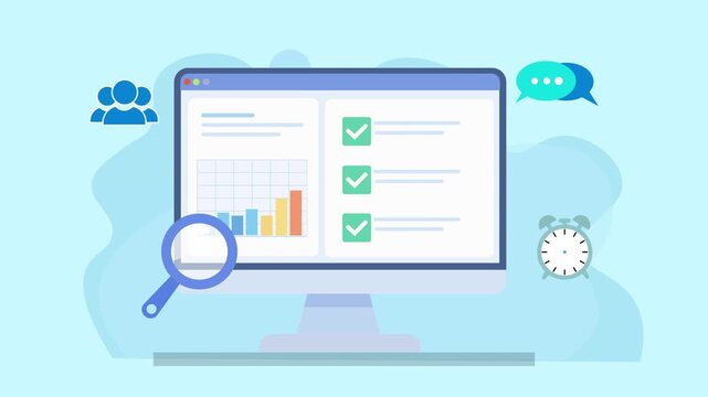Animated user dashboard with charts, checklist, chat bubbles, team and activity icons, representing communication, user behavior tracking, and workflow monitoring in a modern interface.