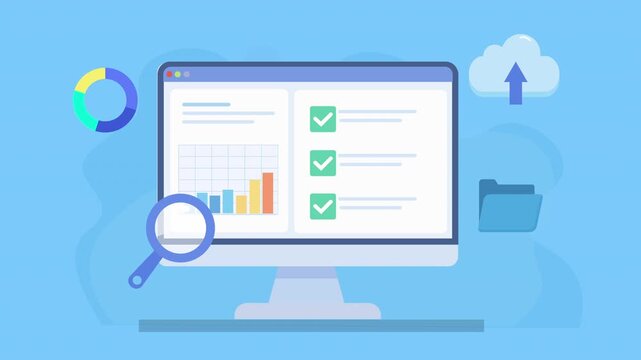 Animated cloud dashboard with charts, checklist, sync progress, upload and folder icons, representing file transfer, data storage, and workflow management in a modern interface.