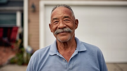 Fototapeta premium Older Man Standing in Front of Garage Door, Smiling and Looking at Camera.