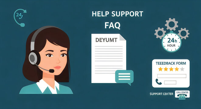 Illustrated help support center with 24-hour availability and feedback options