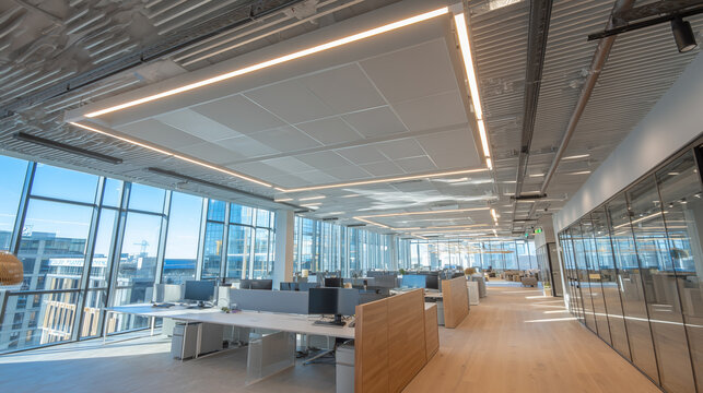 Modern office interior with smart LED lighting and open space.