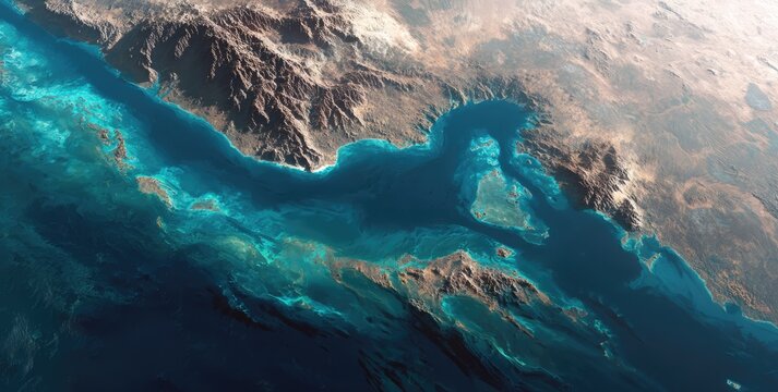 Aerial View of Turquoise Ocean Currents Flowing Past Rugged Coastline.