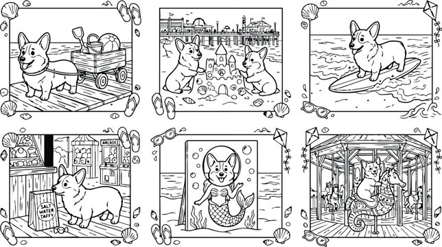Colorbook style seaside corgi puppies playing with sandcastle wagon and surfing near boardwalk arcade and carousel in beachside fun summer scene detailed line art illustration