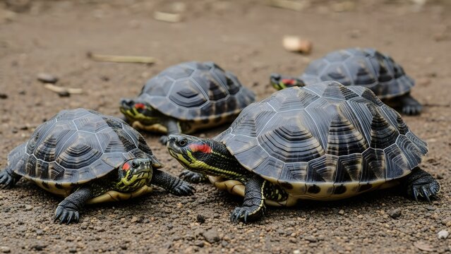 A serene gathering of four small red-eared slider turtles, showcasing their distinctive vibrant red ear patches and intricately patterned shells as they rest on a natural earthy ground outdoors