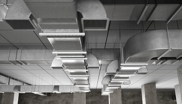 Industrial HVAC ventilation system installed under ceiling. Metal air ducts, vents, and climate control infrastructure in modern commercial building interior. 3d render