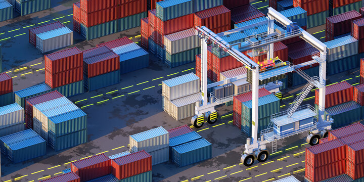 Automated container yard with gantry crane handling shipping containers. Modern logistics terminal with organized stacks of cargo containers and industrial transport infrastructure. 3d render