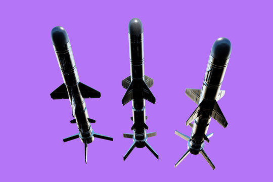 Set of modern tactical missiles shown from multiple angles. Black aerodynamic rocket projectiles with fins isolated on purple background. Military technology and weapon systems concept. 3d render