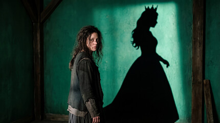 Inner essence of a girl shows shadow of a princess in a green room during the afternoon with light creating contrast