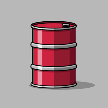 a red oil barrel an industrial drum and storage container stands isolated on a plain grey background representing fuel and petroleum.