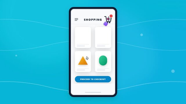 Mobile shopping app interface showing cursor selecting items for checkout