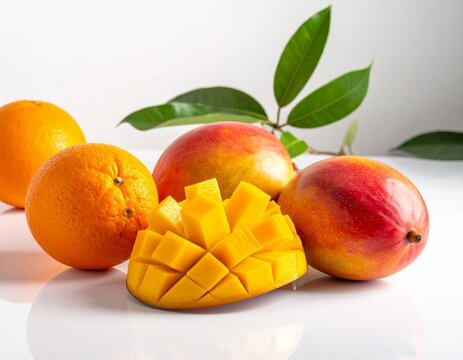 mangga dan jeruk di atas meja