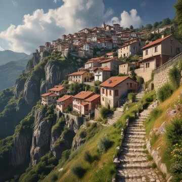 Houses with steep stairs leading to a mountainous landscape in Lastres, Asturias  ,  rustic architecture,  mountains,  aerial view