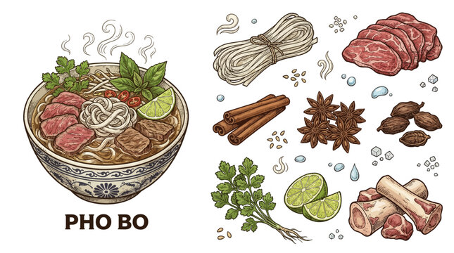 Traditional Vietnamese Pho Bo Noodle Soup with Beef and Fresh Ingredients Vector Illustration
