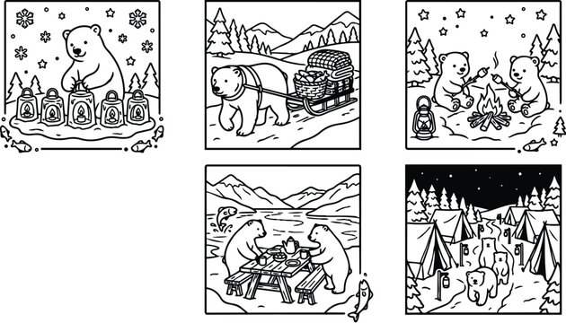 Colorbook style vector art of playful polar bears camping roasting marshmallows drinking tea pulling sled in snowy forest with stars and mountains scenic night outdoors