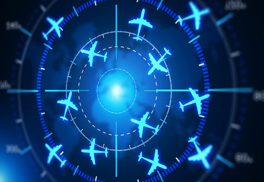Air traffic control, radar monitoring and aviation navigation systems. Digital interface tracks aircraft movement in circular formation,
