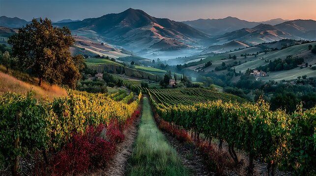 Foggy Vineyard Hills At Dawn In Countryside Landscape images illustrator