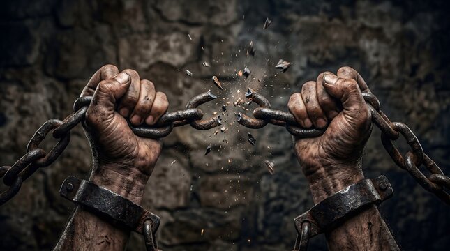 Powerful close-up of dirty hands breaking rusty iron chains with sparks, symbolizing freedom, emancipation, and the end of slavery.