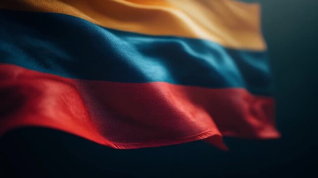 A close-up view of a flag with three horizontal stripes of yellow, blue and red