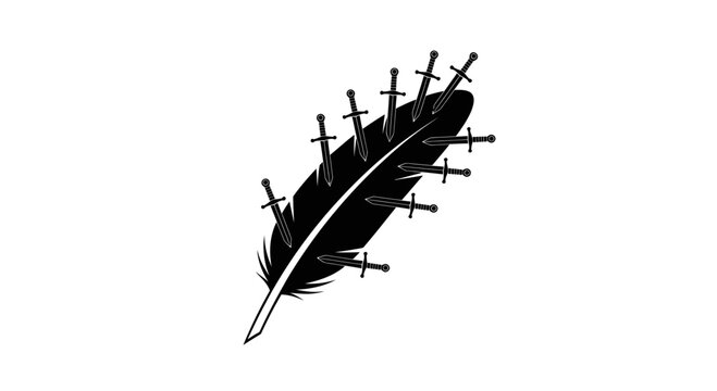 Feather pierced by multiple swords symbolizing conflict and vulnerability.
