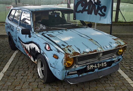 Custom rat rod station wagon with shark livery