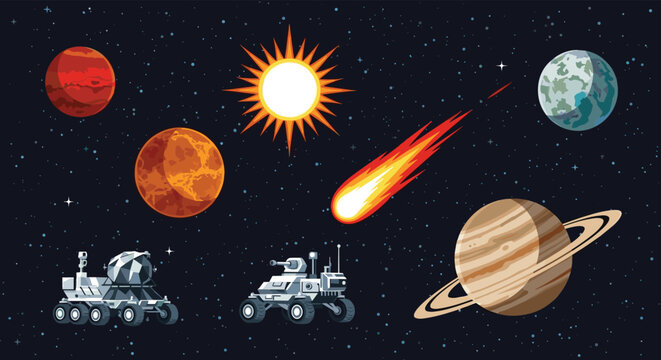 Educational space collection featuring the sun, various planets like saturn and mars, a comet, and robotic planetary rovers.